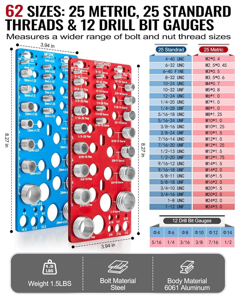 Comfylichi 62 Pcs Nut and Bolt Thread Checker - 25 Standard + 25 Metric Thread Gauges | 12 Drill Bit Gauges, Wall-Mountable Bolt Size Finder for Identifying Fastener & Drill Bits - Image 2